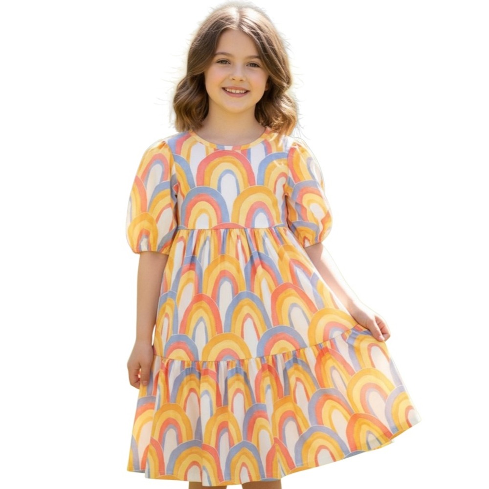 TEA COLLECTION Soft Knit Tiered Dress WATERCOLOR RAINBOWS Puff Sleeves GIRLS 14